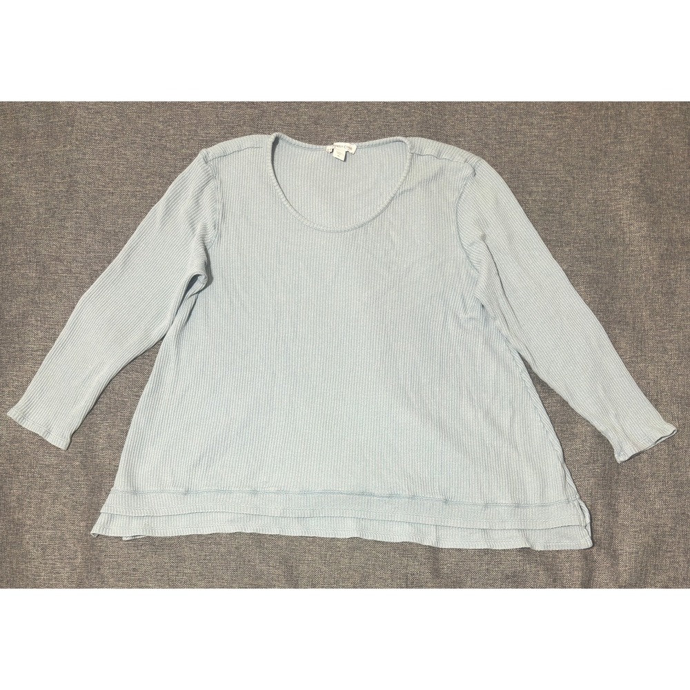 Coldwater Creek Womens XL Top Waffle Knit Blue Long Sleeve Scoop Neck